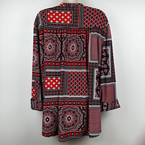 Cocomo Blouse Top Liquid Knit Patchwork Pattern Roll Tab Sleeve Relaxed Red 3X - Picture 6 of 11